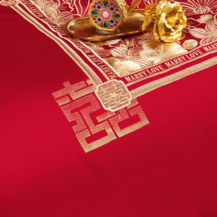 91家纺网 家纺一手货源 找家纺 2024新款100S长绒棉提花婚庆轻奢简约四件套多件套 幸福约定