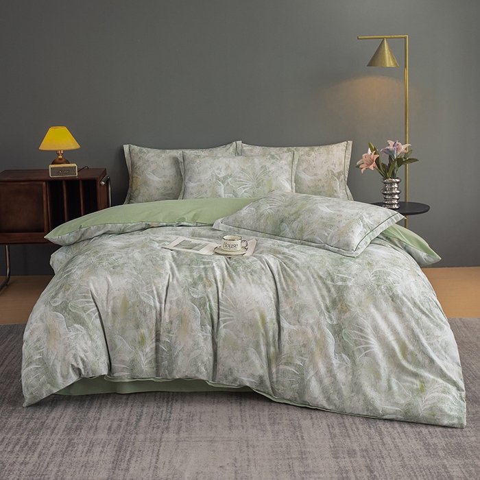 91家纺网 家纺一手货源 找家纺 2024新款全棉加厚长绒棉数码印花四件套 云如月-绿