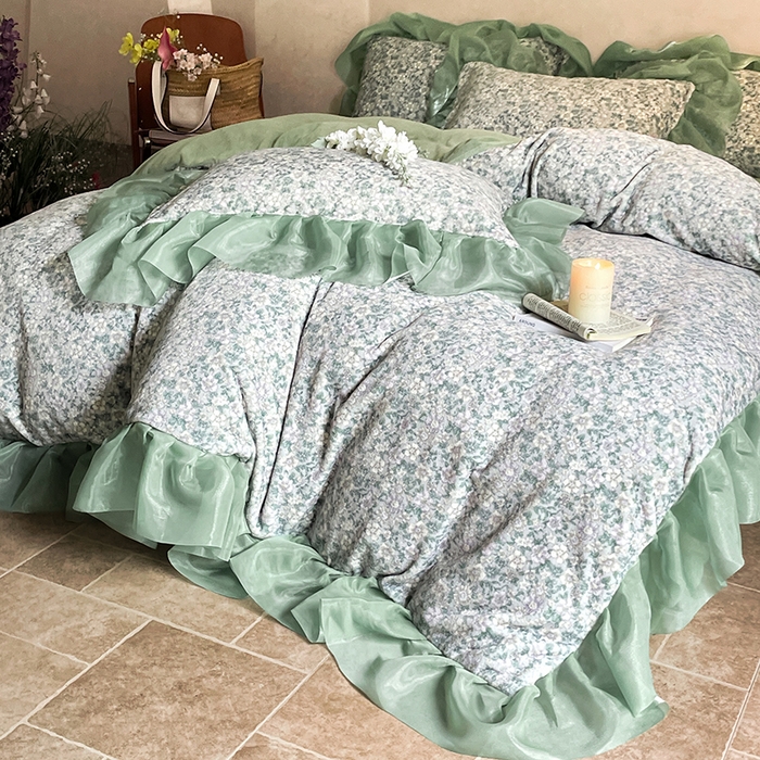 91家纺网 家纺一手货源 找家纺 慕澄家纺 2024新款高克重花边牛奶绒印花四件套 绿蕊