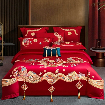 91家纺网 家纺一手货源 找家纺 （总）2024新款100S提花全工艺长绒棉刺绣婚庆四件套多件套