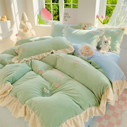 91家纺网 家纺一手货源 找家纺 （总）灰鲸 2025新款A类牛奶绒刺绣四件套-miumiu郁金香系列