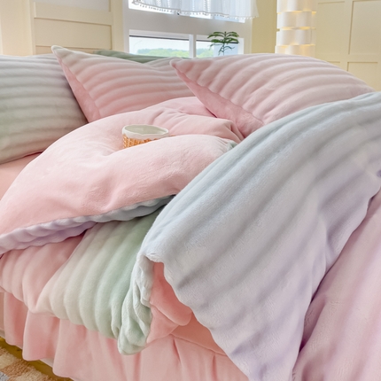 言熙居2024新款-A面泡芙绒B面全消光8到9斤牛奶绒三四件套 泡芙-粉绿