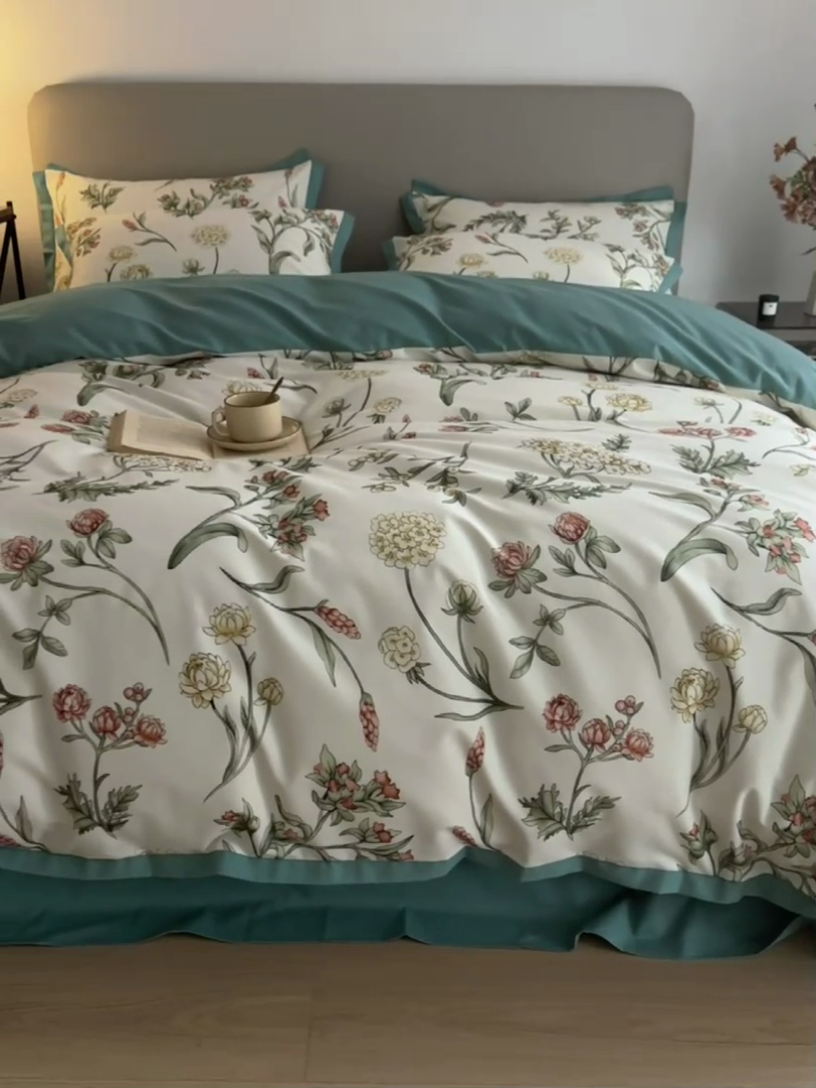 91家纺网 家纺一手货源 找家纺 千朵森 2024新款高定新疆长绒棉全棉印花拼角磨毛四件套 风格二 春晓