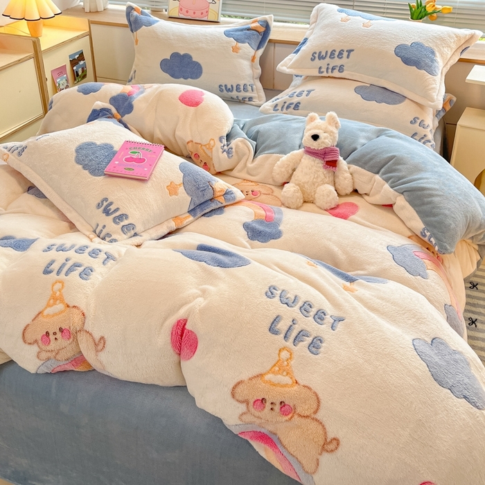 91家纺网 家纺一手货源 找家纺 慕尚 2025新款高克重印花雪花绒四件套  星屿