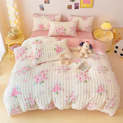 91家纺网 家纺一手货源 找家纺 （总）麦瑞家纺 2024新款泡泡印花兔毛绒兔兔绒牛奶绒四件套