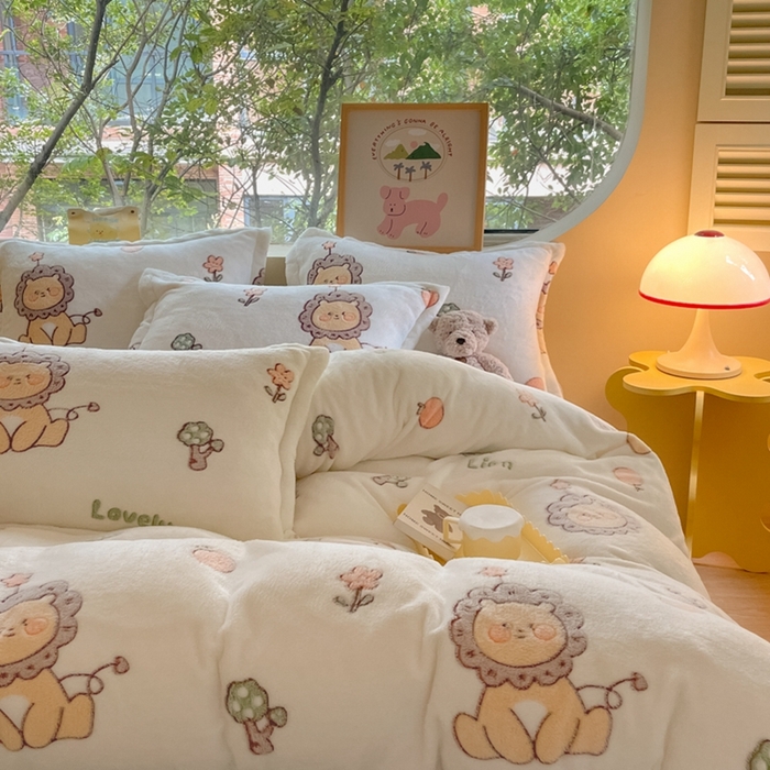 91家纺网 家纺一手货源 找家纺 慕尚 2025新款高克重印花雪花绒四件套  幸运狮