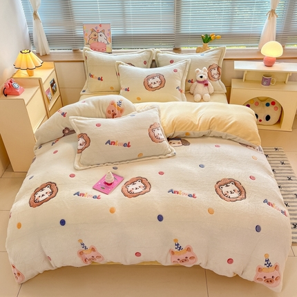 慕尚 2025新款高克重印花雪花绒四件套  曲奇猫