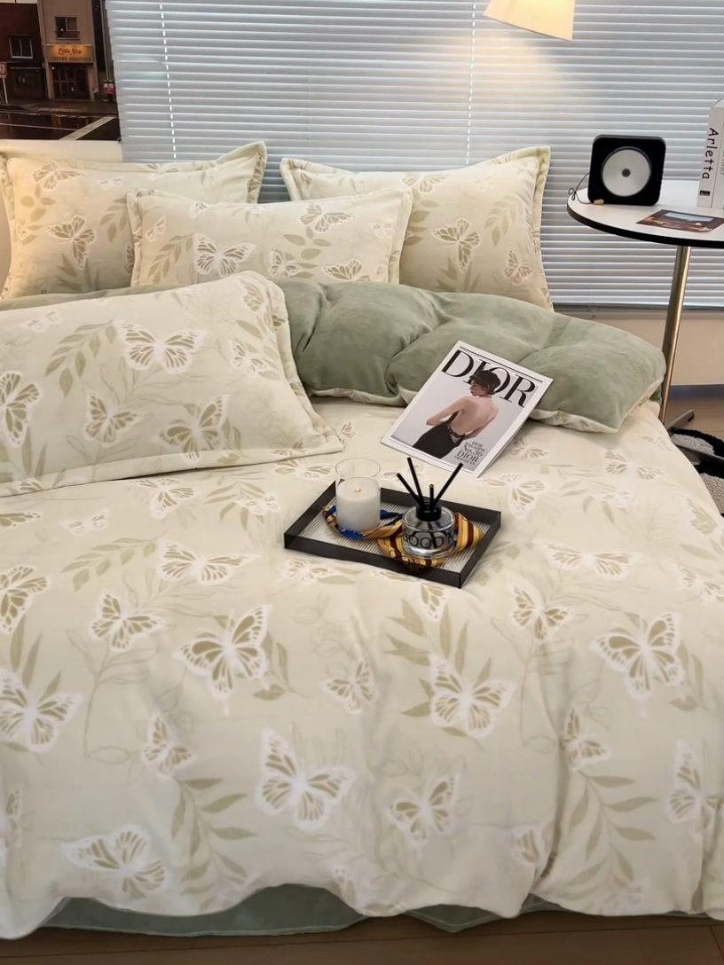 91家纺网 家纺一手货源 找家纺 慕尚 2025新款高克重保暖双色雕花绒四件套 蝴蝶-绿