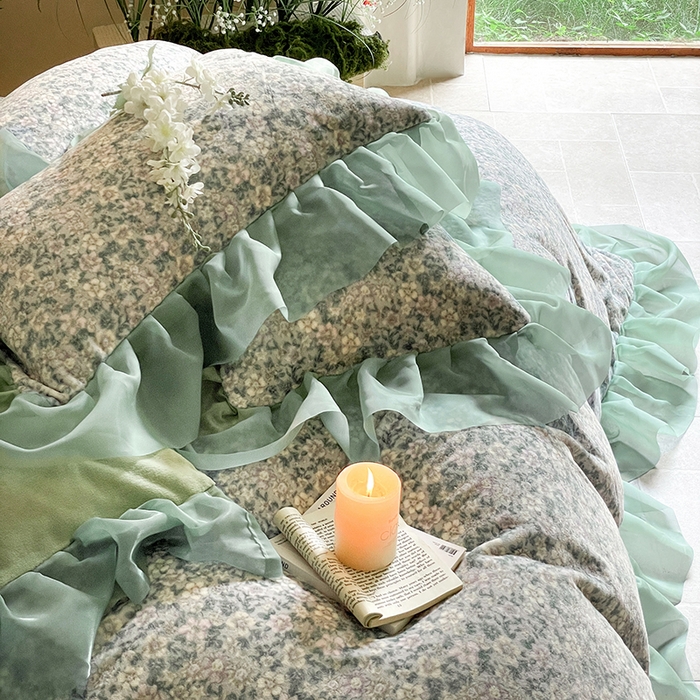 91家纺网 家纺一手货源 找家纺 慕澄家纺 2024新款高克重花边牛奶绒印花四件套 绿蕊