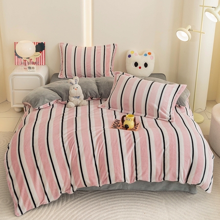 2024新款立体菠萝格印花保暖牛奶绒系列四件套 挪威粉