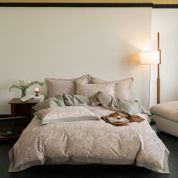 91家纺网 家纺一手货源 找家纺 窝米 2024新款全棉磨毛工艺拼角款四件套系列 遇见绿