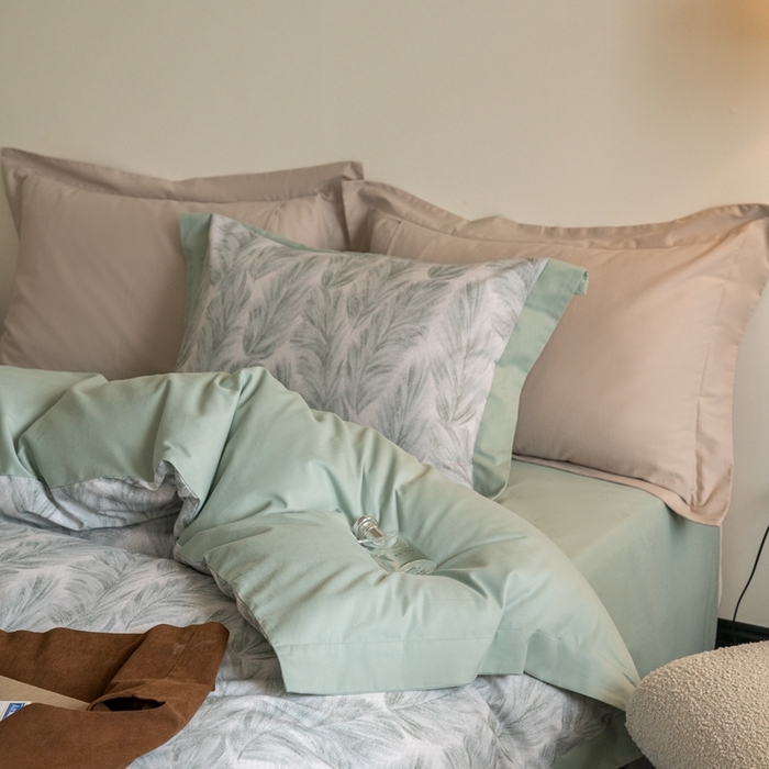 91家纺网 家纺一手货源 找家纺 窝米 2024新款全棉磨毛工艺拼角款四件套系列 羽裳绿