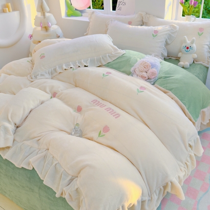 91家纺网 家纺一手货源 找家纺 （总）灰鲸 2025新款A类牛奶绒刺绣四件套-miumiu郁金香系列