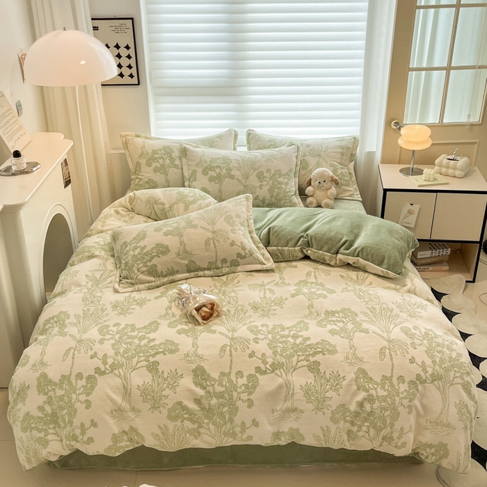 91家纺网 家纺一手货源 找家纺 慕尚 2025新款高克重保暖双色雕花绒被套单件 花梦-绿