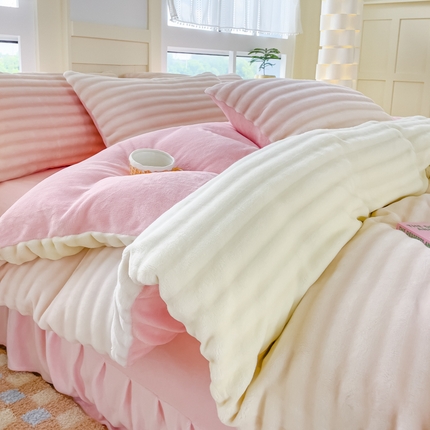 言熙居2024新款-A面泡芙绒B面全消光8到9斤牛奶绒三四件套 泡芙-粉白