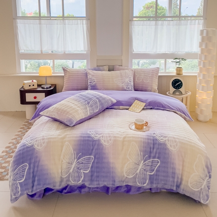 91家纺网 家纺一手货源 找家纺 言熙居2024新款-A面泡芙绒B面全消光8到9斤牛奶绒三四件套 蝴蝶-粉紫