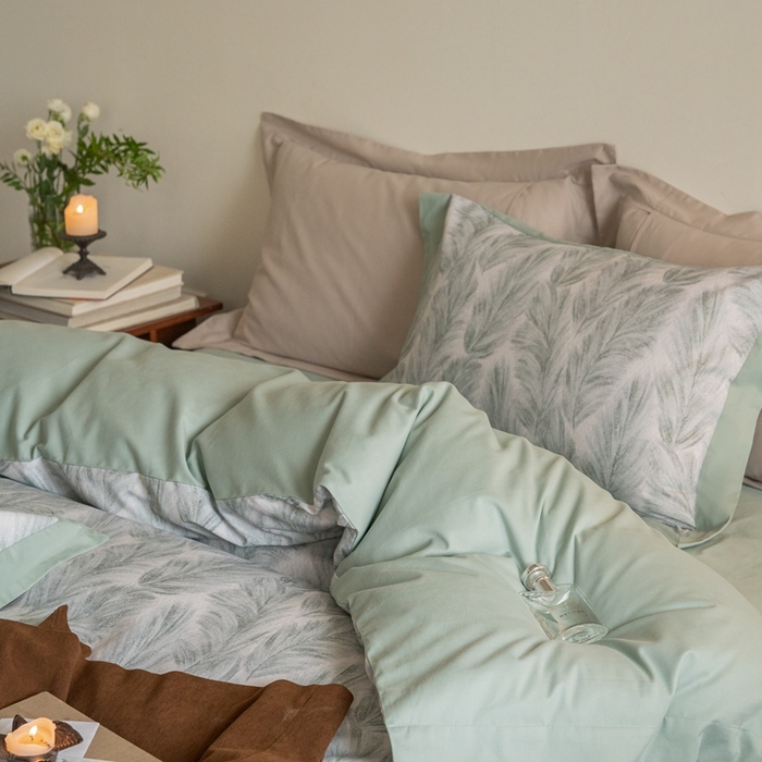 91家纺网 家纺一手货源 找家纺 窝米 2024新款全棉磨毛工艺拼角款四件套系列 羽裳绿