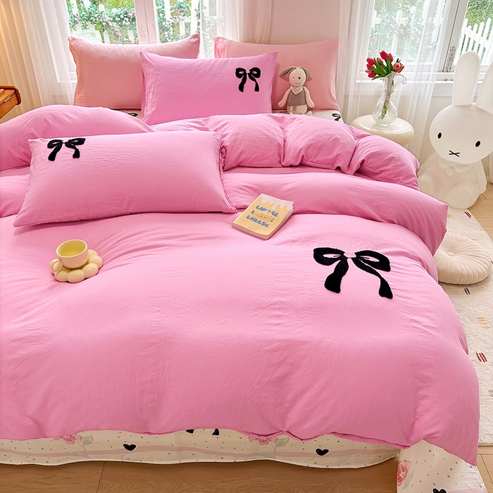 91家纺网 家纺一手货源 找家纺 艾米家居 2025新款水洗磨毛毛巾绣印花四件套 蝴蝶结