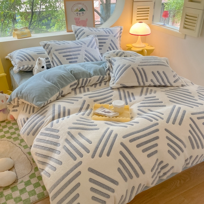 91家纺网 家纺一手货源 找家纺 慕尚 2025新款高克重印花雪花绒四件套  素蓝