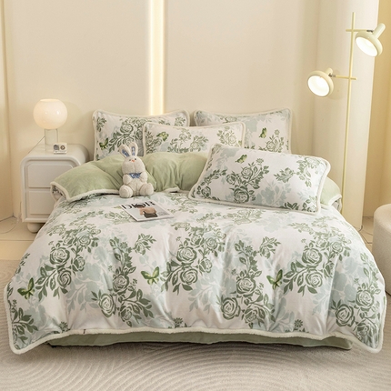 2024新款A类复古风加厚保暖绒四件套 蝴蝶玫瑰绿