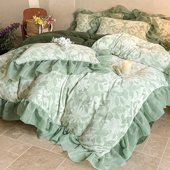 91家纺网 家纺一手货源 找家纺 慕澄家纺 2024新款高克重花边牛奶绒印花四件套 悠悠