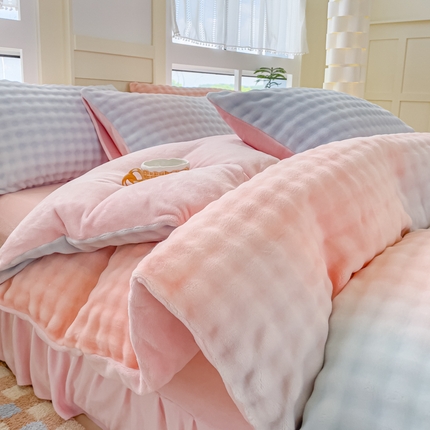 言熙居2024新款-A面泡芙绒B面全消光8到9斤牛奶绒三四件套 泡芙-粉蓝