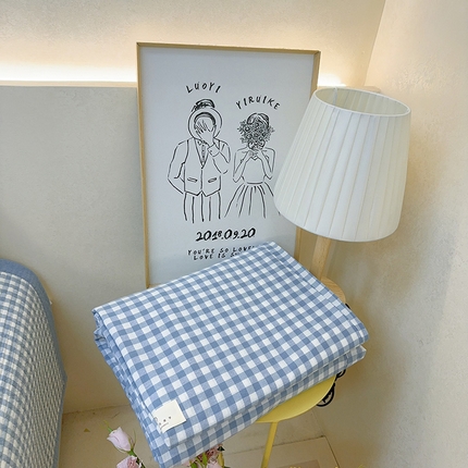 2024新款水洗全棉条格床盖四件套 蓝小格