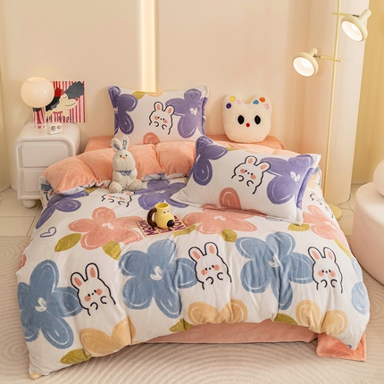 2024新款立体菠萝格印花保暖牛奶绒系列四件套 七彩小兔