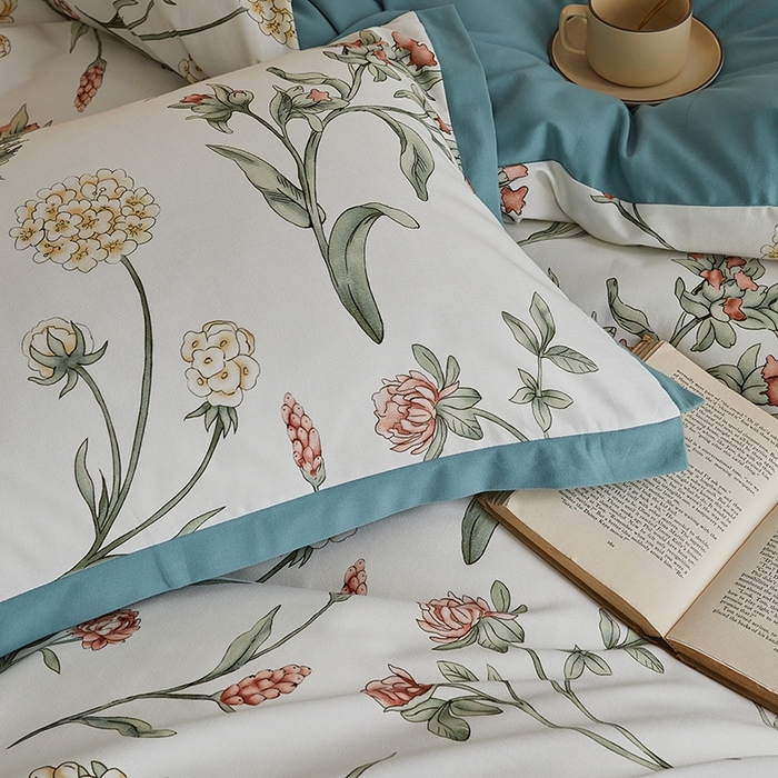 91家纺网 家纺一手货源 找家纺 千朵森 2024新款高定新疆长绒棉全棉印花拼角磨毛四件套 风格二 春晓