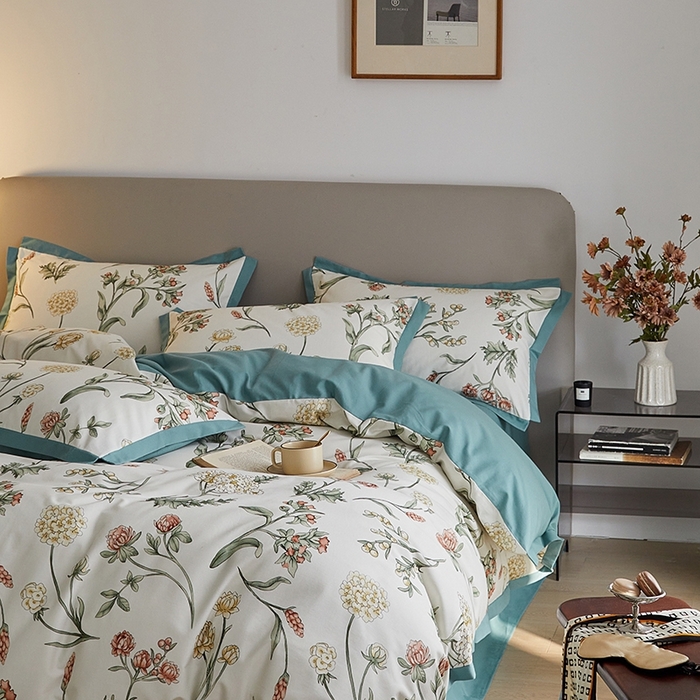 91家纺网 家纺一手货源 找家纺 千朵森 2024新款高定新疆长绒棉全棉印花拼角磨毛四件套 风格二 春晓