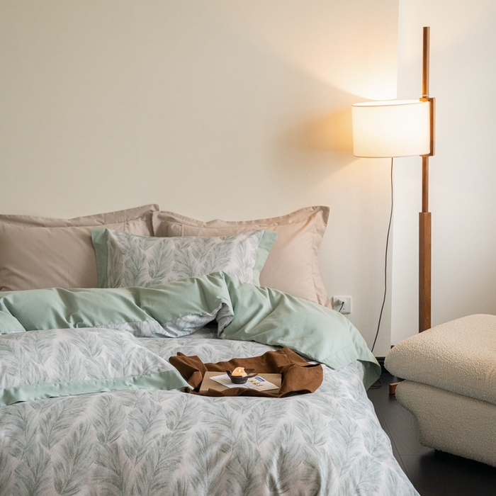 91家纺网 家纺一手货源 找家纺 窝米 2024新款全棉磨毛工艺拼角款四件套系列 羽裳绿