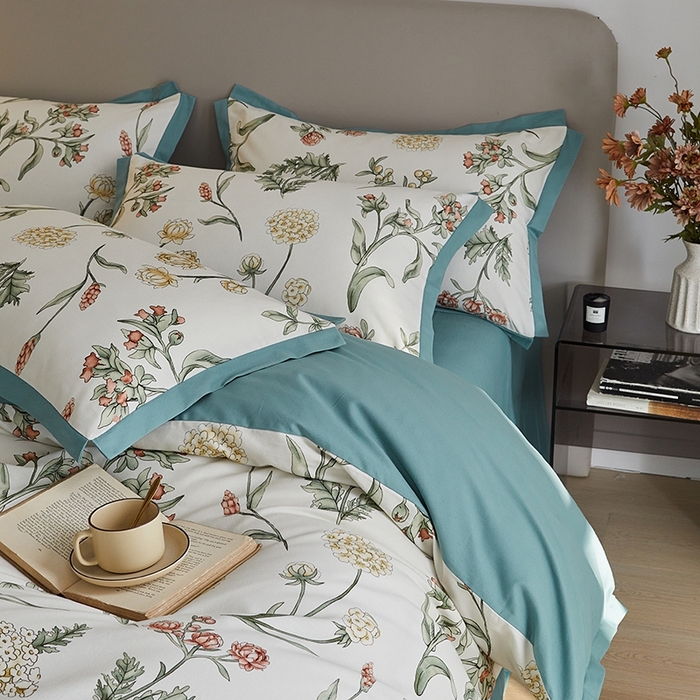 91家纺网 家纺一手货源 找家纺 千朵森 2024新款高定新疆长绒棉全棉印花拼角磨毛四件套 风格二 春晓