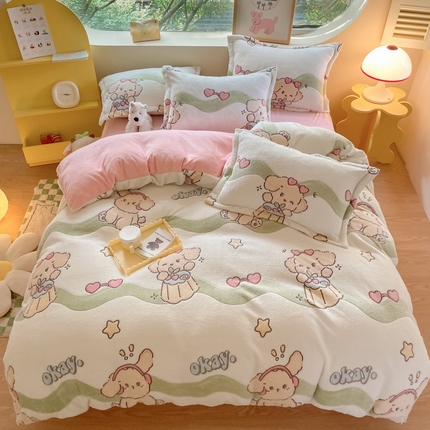 慕尚 2025新款高克重印花雪花绒四件套  爱心狗