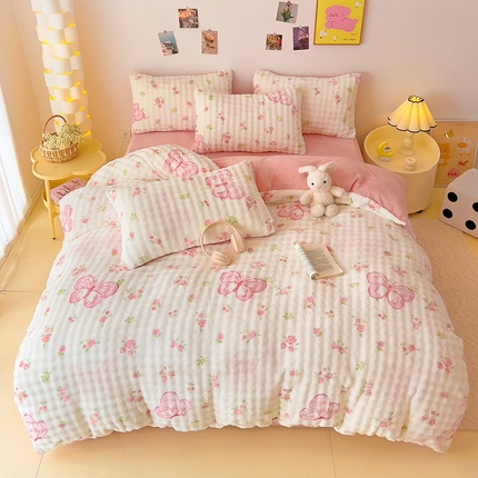 91家纺网 家纺一手货源 找家纺 （总）麦瑞家纺 2024新款泡泡印花兔毛绒兔兔绒牛奶绒四件套