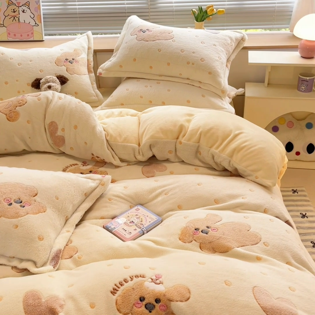 91家纺网 家纺一手货源 找家纺 慕尚 2025新款高克重印花雪花绒四件套  辛巴狗