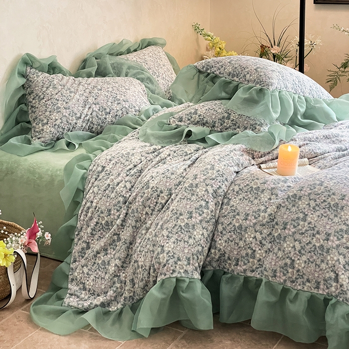 91家纺网 家纺一手货源 找家纺 慕澄家纺 2024新款高克重花边牛奶绒印花四件套 绿蕊