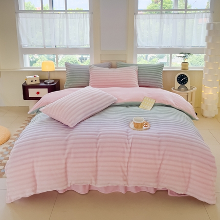 91家纺网 家纺一手货源 找家纺 言熙居2024新款-A面泡芙绒B面全消光8到9斤牛奶绒三四件套 泡芙-粉绿