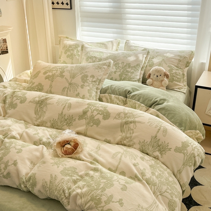 91家纺网 家纺一手货源 找家纺 慕尚 2025新款高克重保暖双色雕花绒四件套 花梦-绿