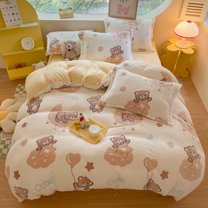 91家纺网 家纺一手货源 找家纺 慕尚 2025新款高克重印花雪花绒四件套  星空熊