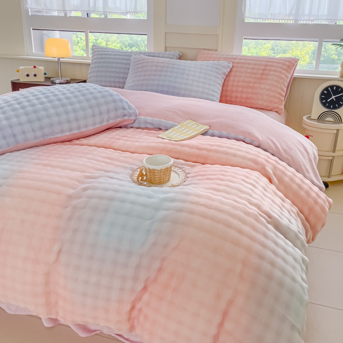 91家纺网 家纺一手货源 找家纺 言熙居2024新款-A面泡芙绒B面全消光8到9斤牛奶绒三四件套 泡芙-粉蓝