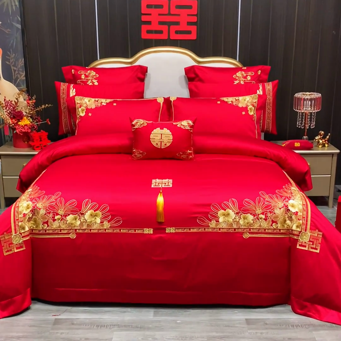 91家纺网 家纺一手货源 找家纺 2024新款100S长绒棉提花婚庆轻奢简约四件套多件套 幸福约定