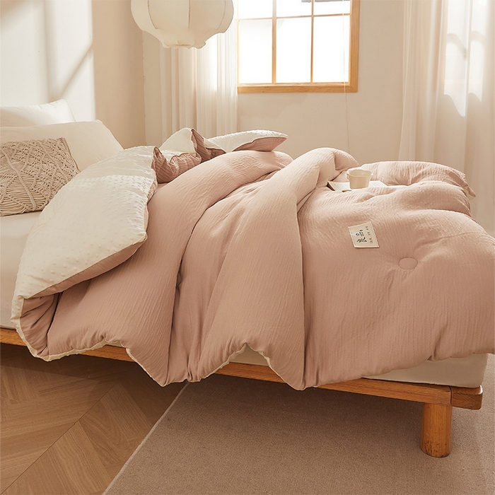 91家纺网 家纺一手货源 找家纺 2024新款A类双层皱皱纱豆豆被子被芯 皱皱纱-玫瑰粉