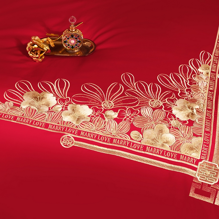 91家纺网 家纺一手货源 找家纺 2024新款100S长绒棉提花婚庆轻奢简约四件套多件套 幸福约定