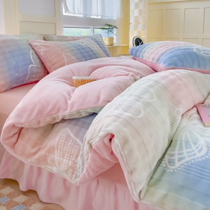 言熙居2024新款-A面泡芙绒B面全消光8到9斤牛奶绒三四件套 蝴蝶-粉蓝