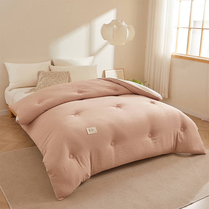 91家纺网 家纺一手货源 找家纺 2024新款A类双层皱皱纱豆豆被子被芯 皱皱纱-玫瑰粉