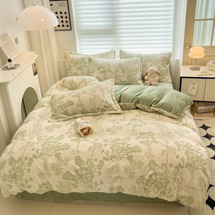 91家纺网 家纺一手货源 找家纺 慕尚 2025新款高克重保暖双色雕花绒四件套 花梦-绿