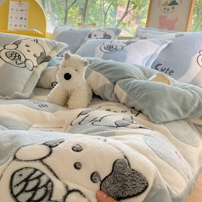 91家纺网 家纺一手货源 找家纺 慕尚 2025新款高克重印花雪花绒被套单件 可爱猫咪