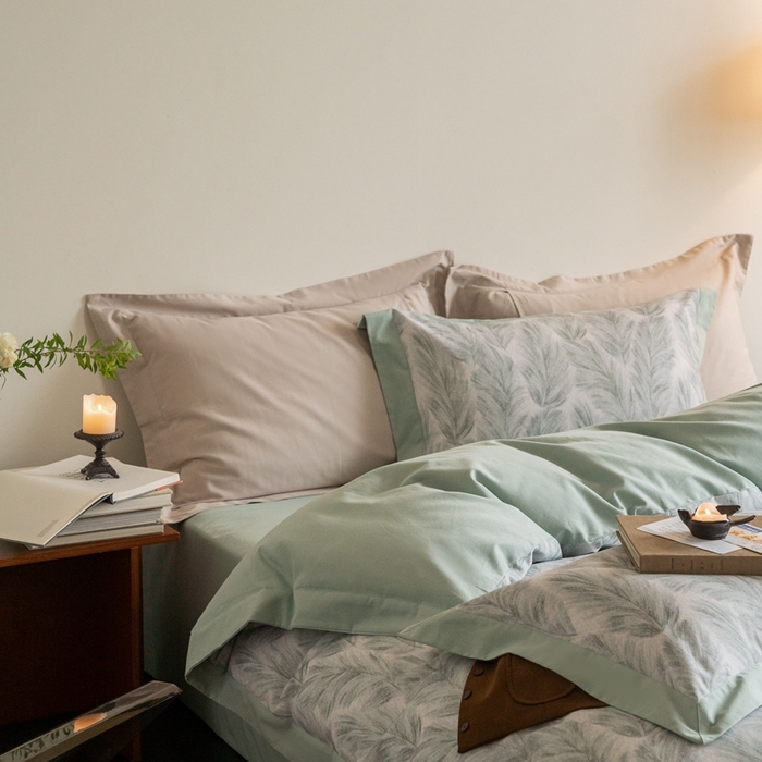 91家纺网 家纺一手货源 找家纺 窝米 2024新款全棉磨毛工艺拼角款四件套系列 羽裳绿