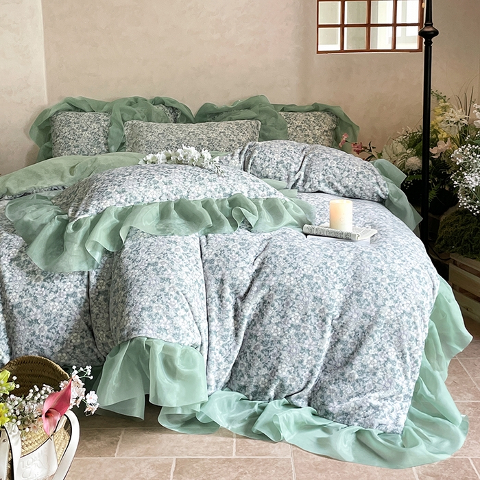 91家纺网 家纺一手货源 找家纺 慕澄家纺 2024新款高克重花边牛奶绒印花四件套 绿蕊