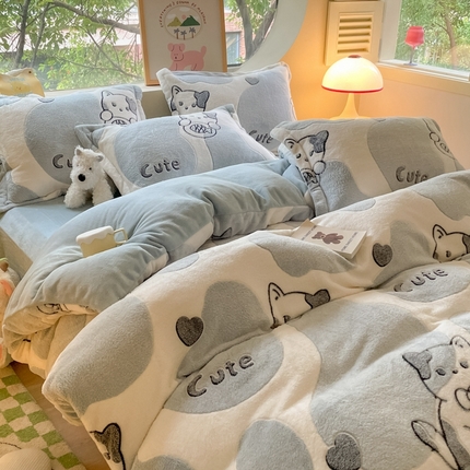 慕尚 2025新款高克重印花雪花绒四件套  可爱猫咪